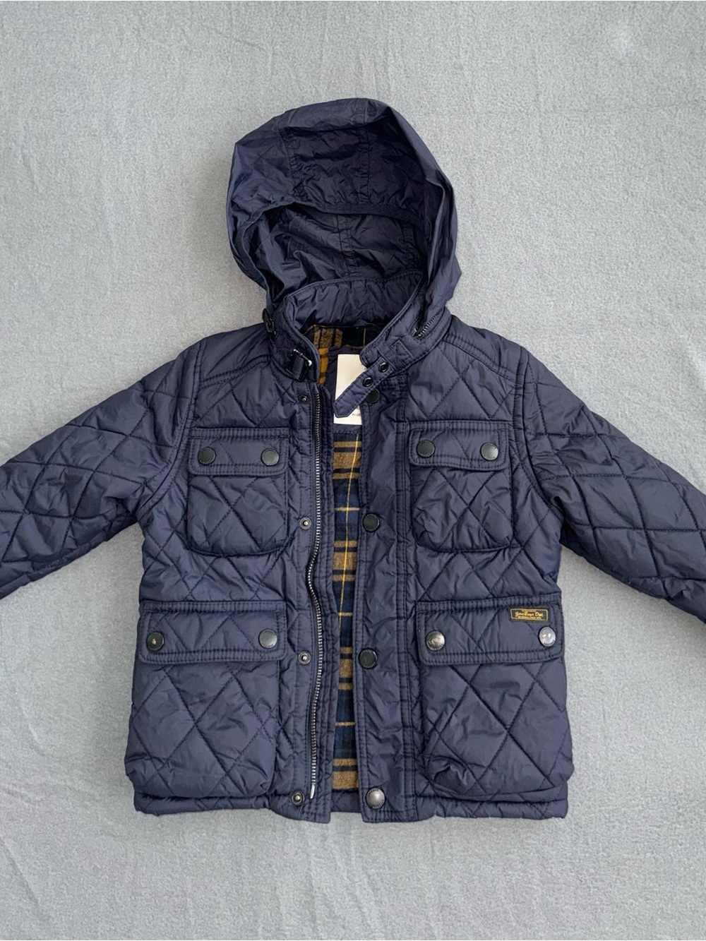Zara Boys Quilted Jacket Concealed Hood Navy Blue Size 4